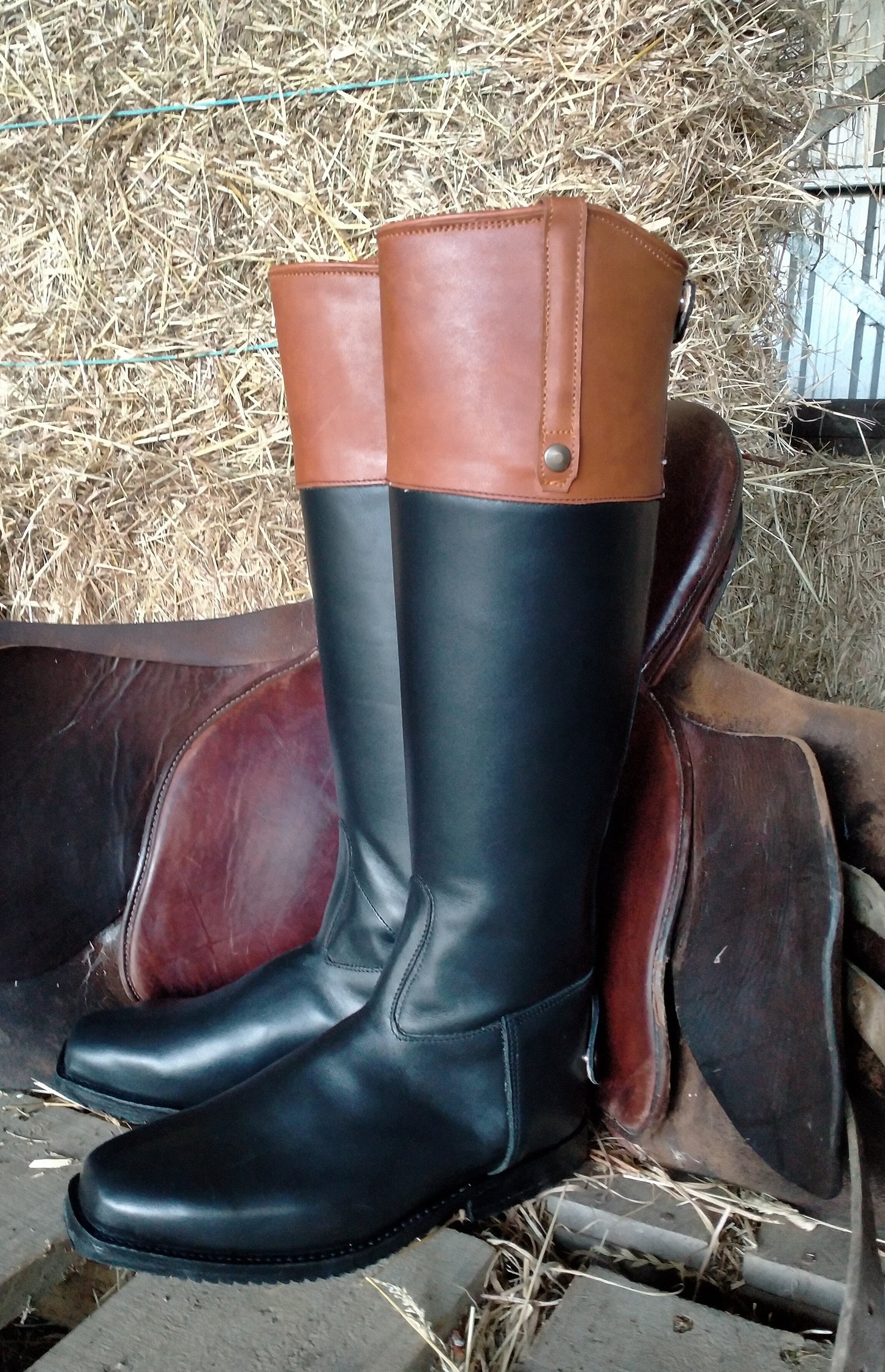Mens Black & Tan Long Leather Hunt Boots