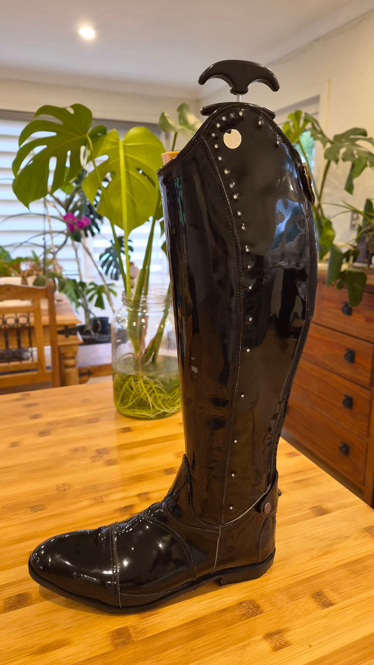 Black Patent Dressage boot with back zip