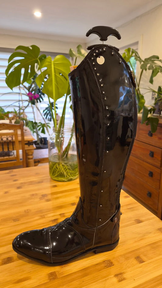 Black Patent Dressage boot with back zip